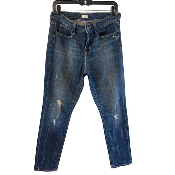 J Crew Straight Leg Stretch Womens 29 Dark Blue Mid Rise Denim Jeans Distressed - Picture 1 of 4